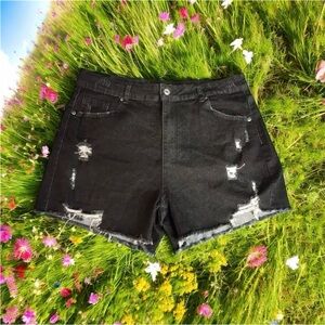 LUVAMIA Black Distressed Denim Stretch Shorts. Size L